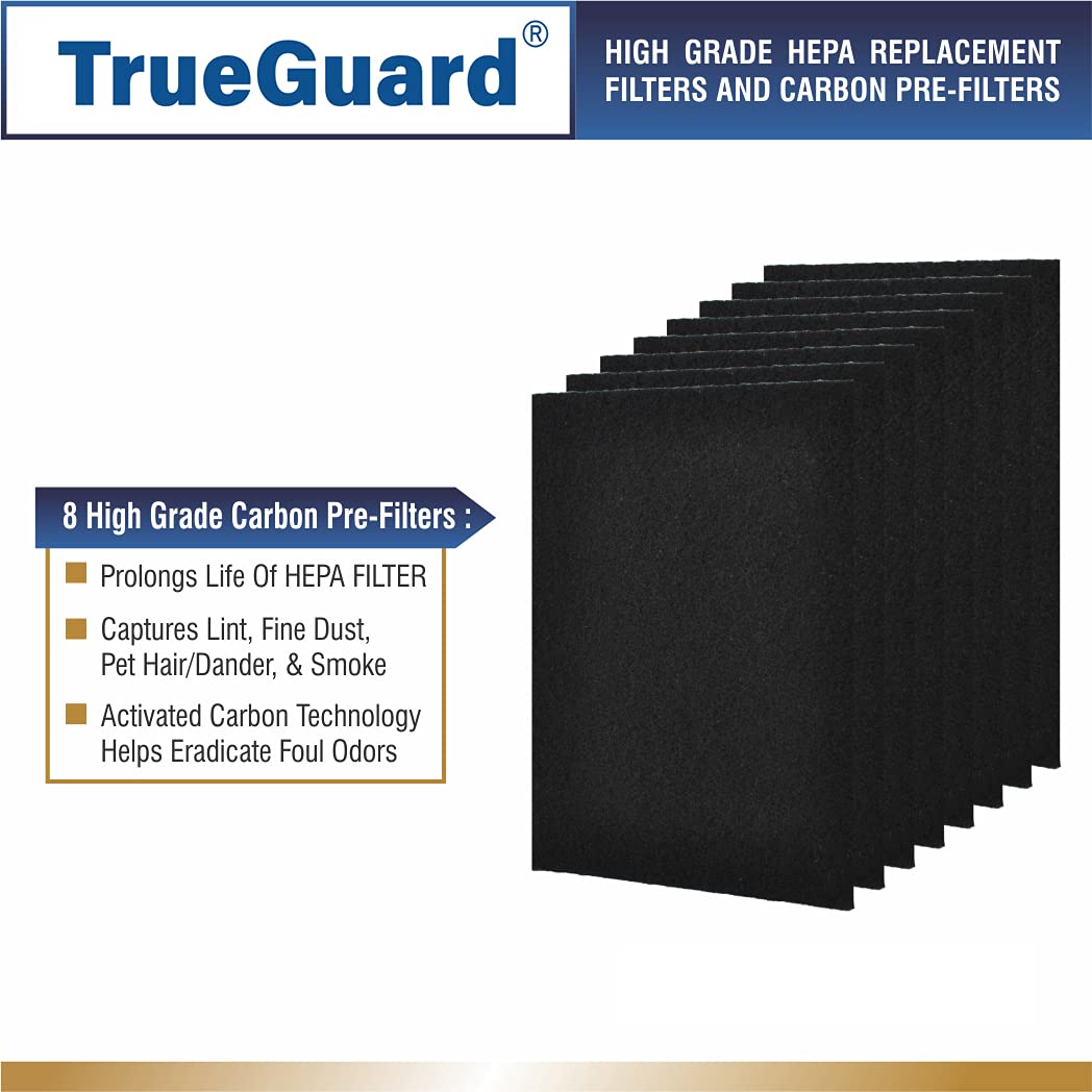 Trueguard Air Purifier Replacement Pre Filters For Hpa100 Series | 8 Pack Of Pre Cut Activated Carbon Prefilters | Precision Fit
